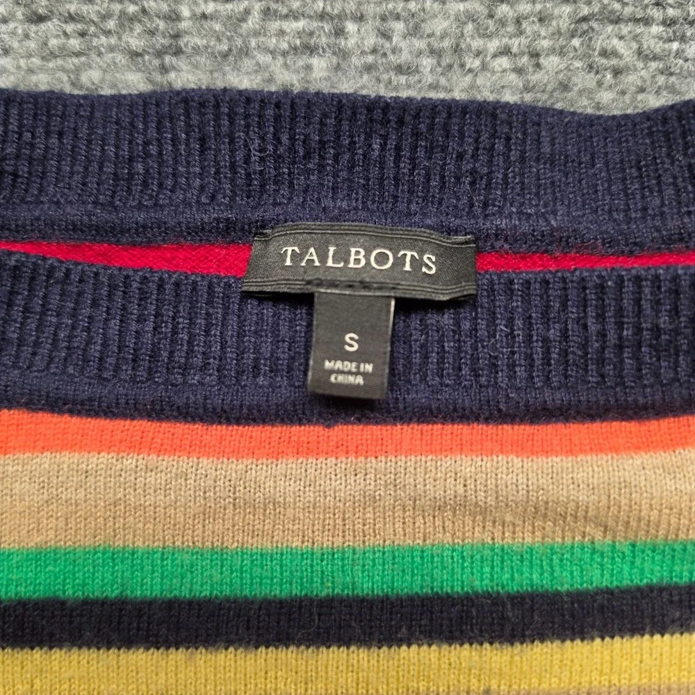 Talbots Rainbow Stripe Knit Sweater Women Size S Navy Trim Boatneck Pullover